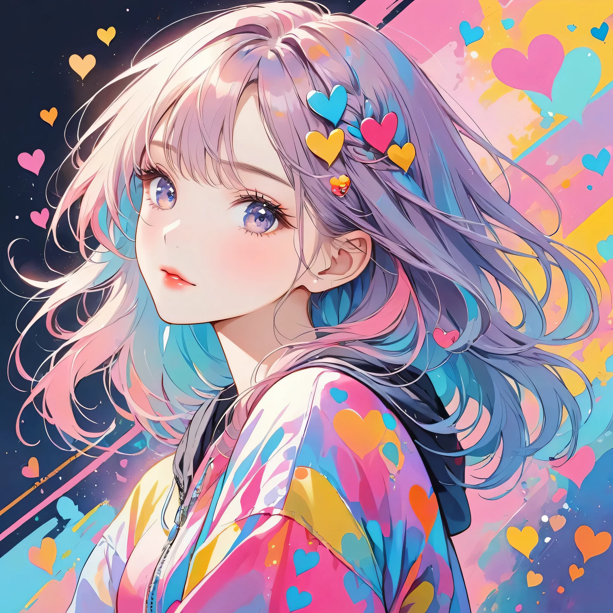 Black Star pastel color style, Simple Line Initialism，Abstract art，Urban Background, (((The most beautiful girl of all time))), Sweet face. Lips in love, colorful hearts, stylish design