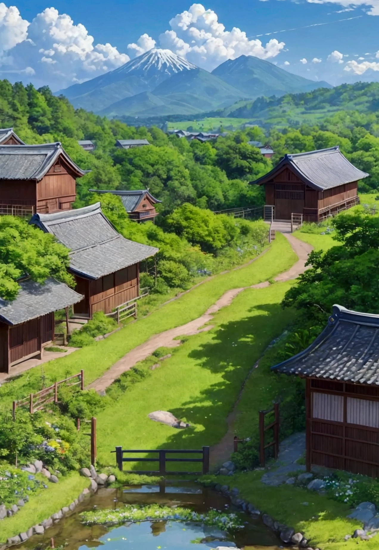 A beautiful countryside scene with a clear, bright blue sky filled with fluffy white clouds. Majestic mountains rise in the background, covered with lush green trees and vegetation. In the foreground, a narrow dirt path winds through vibrant green fields dotted with colorful flowers, leading to a small stream that flows alongside the path. A woman dressed in a light summer dress and a wide-brimmed hat rides a bicycle along the path, carrying a basket. Traditional Japanese-style houses are scattered throughout the landscape, blending harmoniously with the natural surroundings. The overall atmosphere is serene and idyllic, capturing the essence of a peaceful rural life
