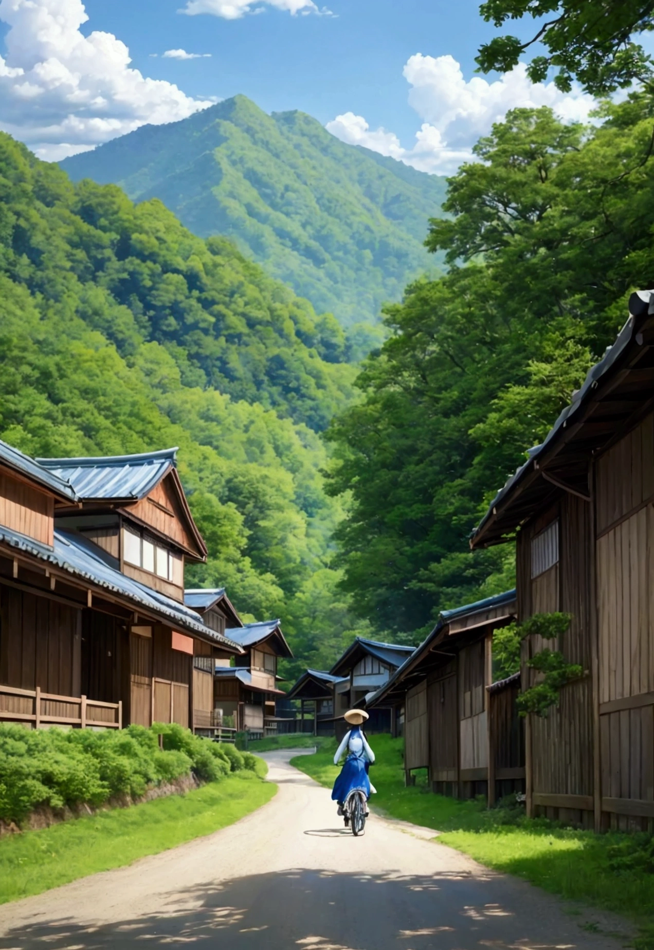 A beautiful countryside scene with a clear, bright blue sky filled with fluffy white clouds. Majestic mountains rise in the background, covered with lush green trees and vegetation. In the foreground, a narrow dirt path winds through vibrant green fields dotted with colorful flowers, leading to a small stream that flows alongside the path. A woman dressed in a light summer dress and a wide-brimmed hat rides a bicycle along the path, carrying a basket. Traditional Japanese-style houses are scattered throughout the landscape, blending harmoniously with the natural surroundings. The overall atmosphere is serene and idyllic, capturing the essence of a peaceful rural life