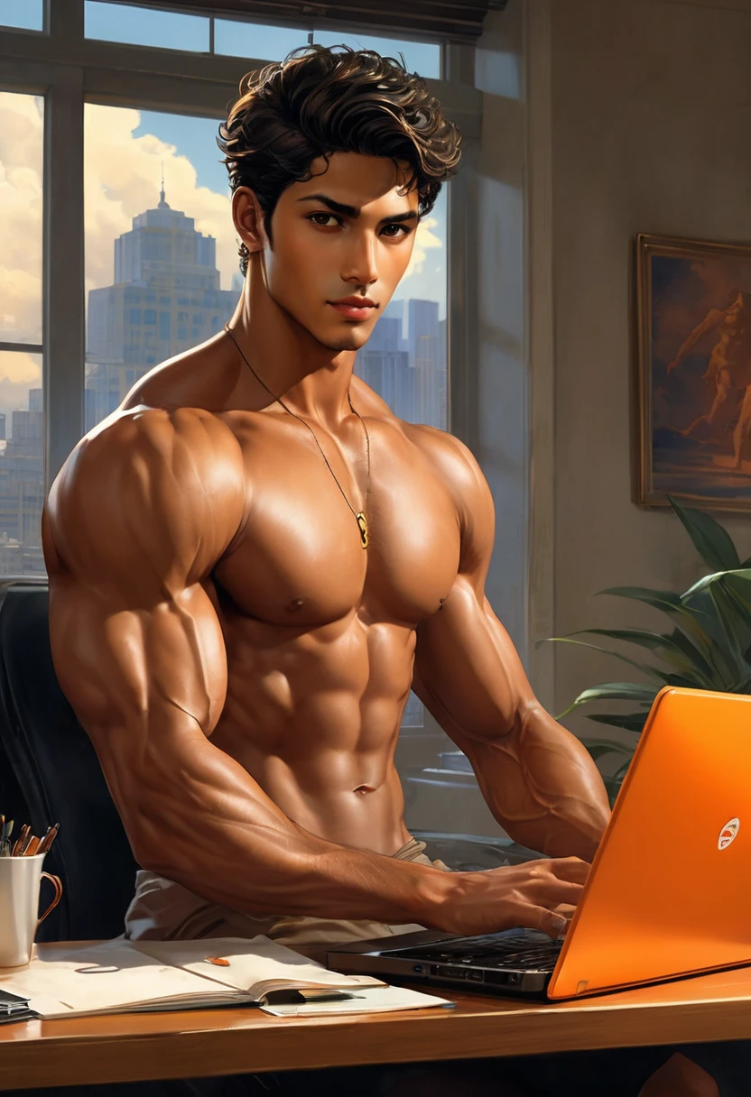 ((1 latino man sitting at a desk typing on an orange laptop in a high-chroma orange art deco office)) by Aaron Horkey and Jeremy Mann, masterpiece, best quality, Photorealistic, ultra-high resolution, photographic light, illustration by MSchiffer, fairytale, Hyper detailed View full body,: ((wide angle shot, view from aside)) Material: anime illustration Style: Anime+yaoi+hentai+roberto_ferri+leng_jun Compsition: rule of thirds, the composition of shadows and lights give an atmosphere of spaciousness, Color: gren autochrome dark intense colors palette Lighiting: natural lighting Gender Age: A young man, 19 years old Race: latino dark skin, Face: oval face, roman nose, thin lips, hard chin, large brown eyes, short black wavy hair, Body: cinamoon skin, hairy body, realistic skin, gorgeous, detailed tonned muscles, barefoot, perfect anatomy, muscled fitness body, aesthetic slim athletic body, perfect anatomy, , energetic splendid, slim and detailed muscles Action: he is sitting at a desk typing on an orange laptop in a high-chroma orange art deco office Wearing: He is wearing shirtless, pantless, fullbody, wearing sandals Background: auto high-chroma orange art deco office, with large windows to see the stormy night, drops of water on the windows glass Complements: best quality, Photorealistic, ultra-high resolution, photographic light, Hyper detailed A mixture of photography and painting, simetryc Composition, Perfect Divine Proportione, 8k resolution