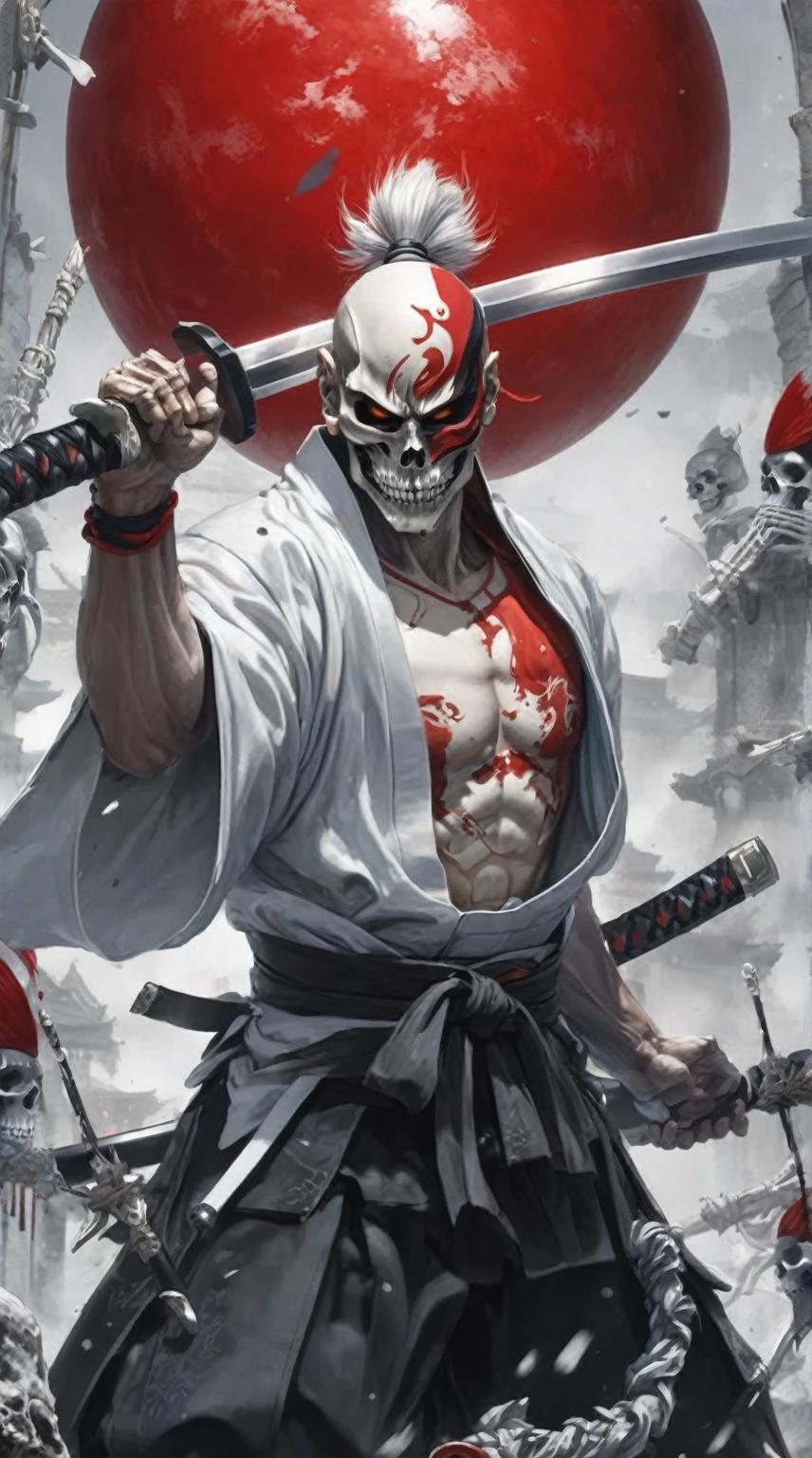 Depicts a skeleton warrior wearing a red samurai-style suit、Create ultra-detailed 4K resolution digital artwork。. The artwork is、We need to paint a portrait of the determined faces of warriors at street level.。. Lighting should be dynamic, Highlight the intricate details of your character. The overall style is、It should resemble a splash art with three colors and deep tones。. The artwork is落ち着いた色調の絵本風にする必要があります. Warriors shouldn&#39;t cut their hair. Please recommend the best camera model and lens to photograph the artwork..