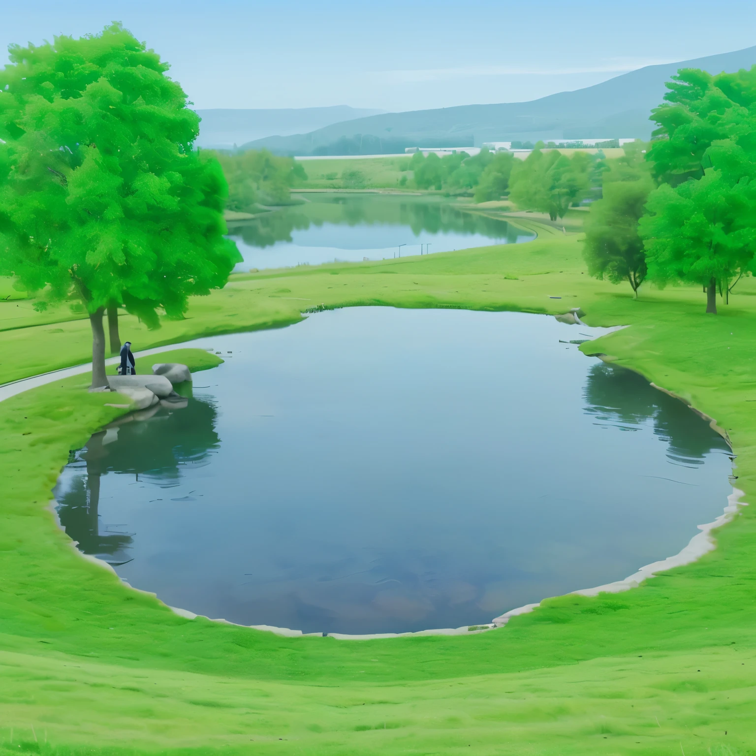 1 lake in the center, Grass and stones are placed around, The area around the lake feels like a desert.