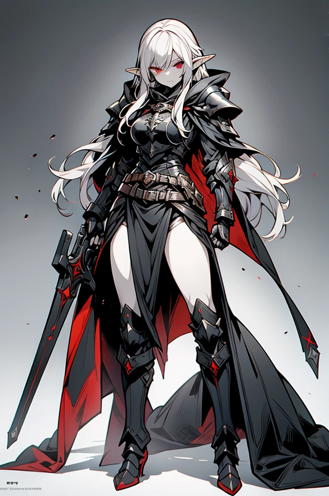 female elf rogue, silver hair, white skin, sinister black hooded cape, red eyes, leather armor, full body art, pointy ears, holding pistol.