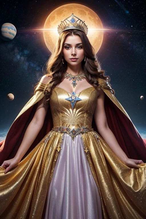 Woman in an elegant headdress, resembling a crown.
full height, with smooth and feminine shapes.
A face with a mysterious smile, glowing lines on the skin.
Translucent suit with metallic inserts, form-fitting and flattering.
Background: space landscape or the inside of a spaceship.
 confident look.