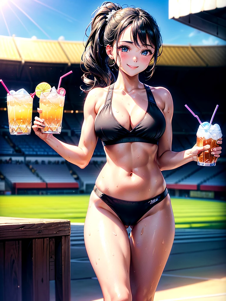 Highest quality,Highest Resolution,(((Many smiling pretty girls holding drinks in their hands))),Gymnastics,High leg bloomers,Outdoor stadium,Black hair ponytail,sweat profusely,illumination,Very beautiful eyes,(((See-through black bra))),whole body,Flowing sweat,Belly on,Abdominal muscles,sunny,Sunshine,mirage,Big