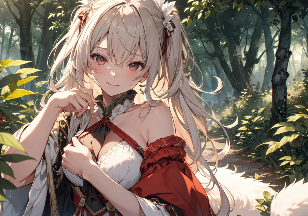 top quality, best quality, High-quality illustrations, masterpiece, super high resolution, detailed background, (super cute girl, solo)Little Red Riding Hood, forest, girl, undressing, open Clothes, on back, absurdres(highly detailed beautiful face and eyes)perfect anatomy, embarrassed from, smile:0.2, good lighting, red blush, cinematic shadow(kemono, furry anthro), pov,