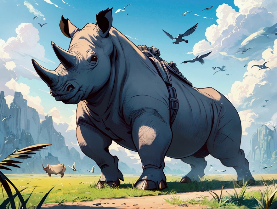 (illustration, best quality, masterpiece, official art:1.1), rhino, grass floor, birds in sky, blue sky, landscape, focus and zoom on rhino