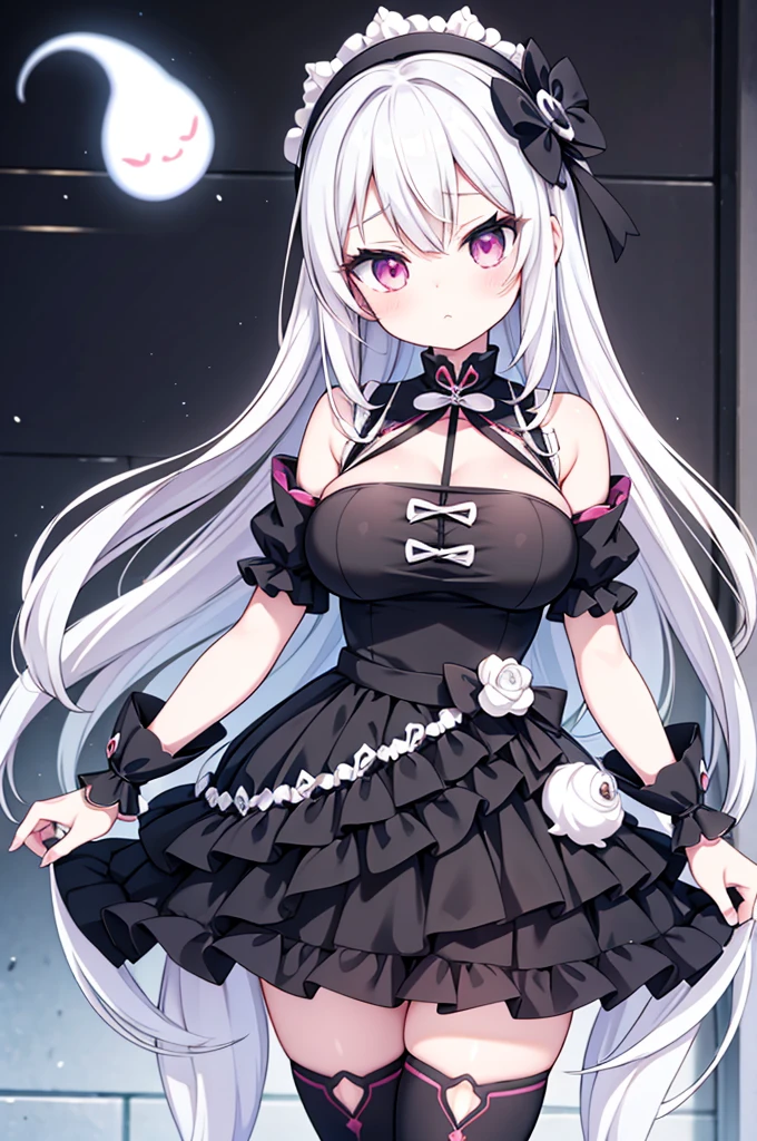 Anime-style image of a woman with white hair and black clothing, Cute 3D anime girl render, Cute anime waifu in a nice dress, Anime VTuber Full Body Model, Anime girl in a black dress, Gothic Maiden Anime Girl, Highly detailed characters, Official character art,Onmyoji,Big Tits,ghost,cream puff