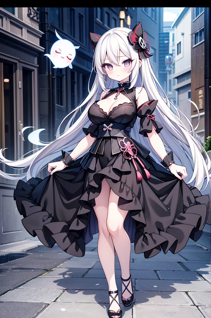 Anime-style image of a woman with white hair and black clothing, Cute 3D anime girl render, Cute anime waifu in a nice dress, Anime VTuber Full Body Model, Anime girl in a black dress, Gothic Maiden Anime Girl, Highly detailed characters, Official character art,Onmyoji,Big Tits,ghost,cream puff