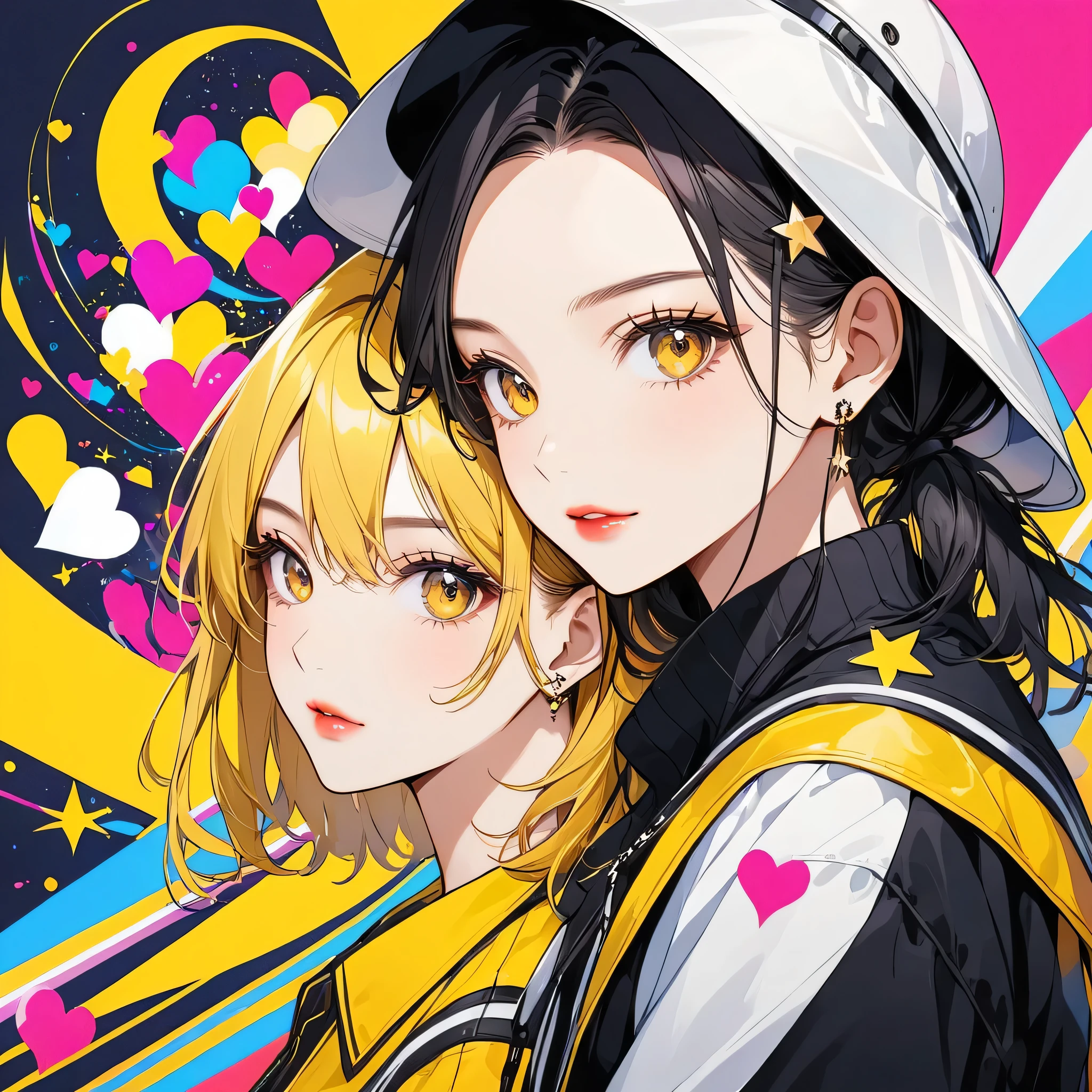Black Star Yellow and White style, Simple Line Initialism,Abstract art,Urban Background, (((The most beautiful girl of all time))), Sweet face. Lips in love, colorful hearts, stylish design
