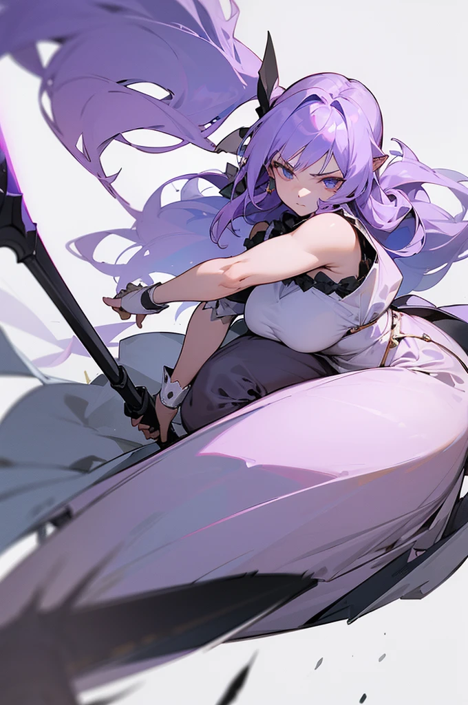 (Beautiful woman，Royal Knights)，Light purple hair、Long Hair、Portrait of a noble knight，Speed Line，Combat Stance，Wield a huge weapon，Expressionless，Faint-hearted face、the below described，magma，Big Scythe、Stocky body、Shoulders out、White background、Fullbody、White clothes、Human ear
