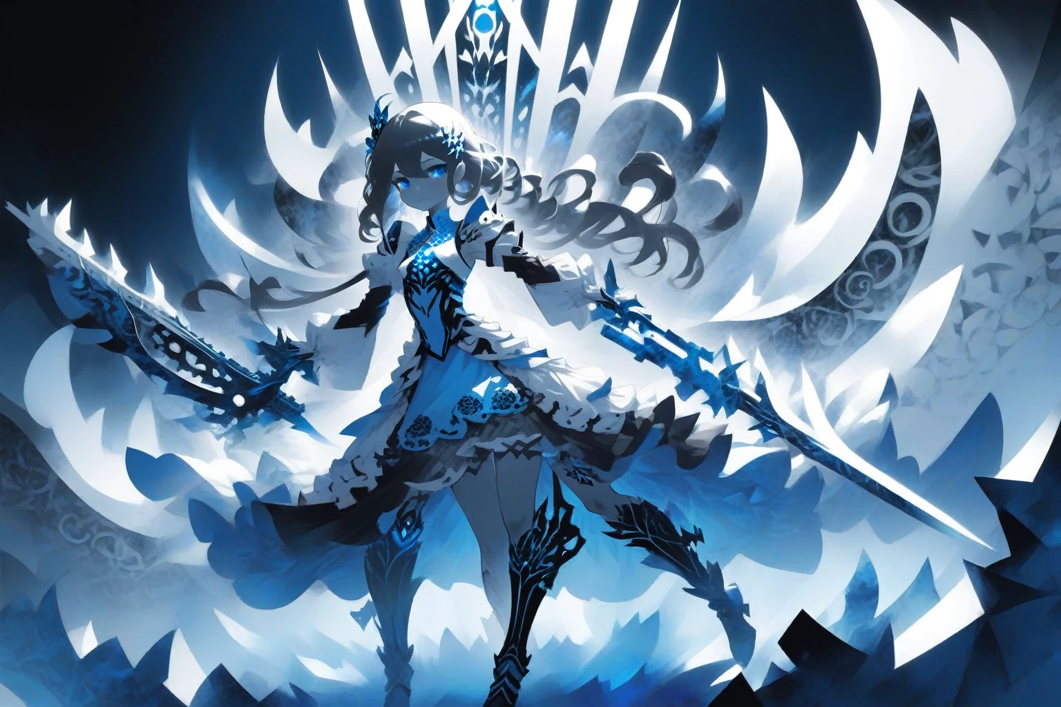 One girl, (Monochrome:1.4), Blue Theme, whole body, fractal, dress, Have a weapon