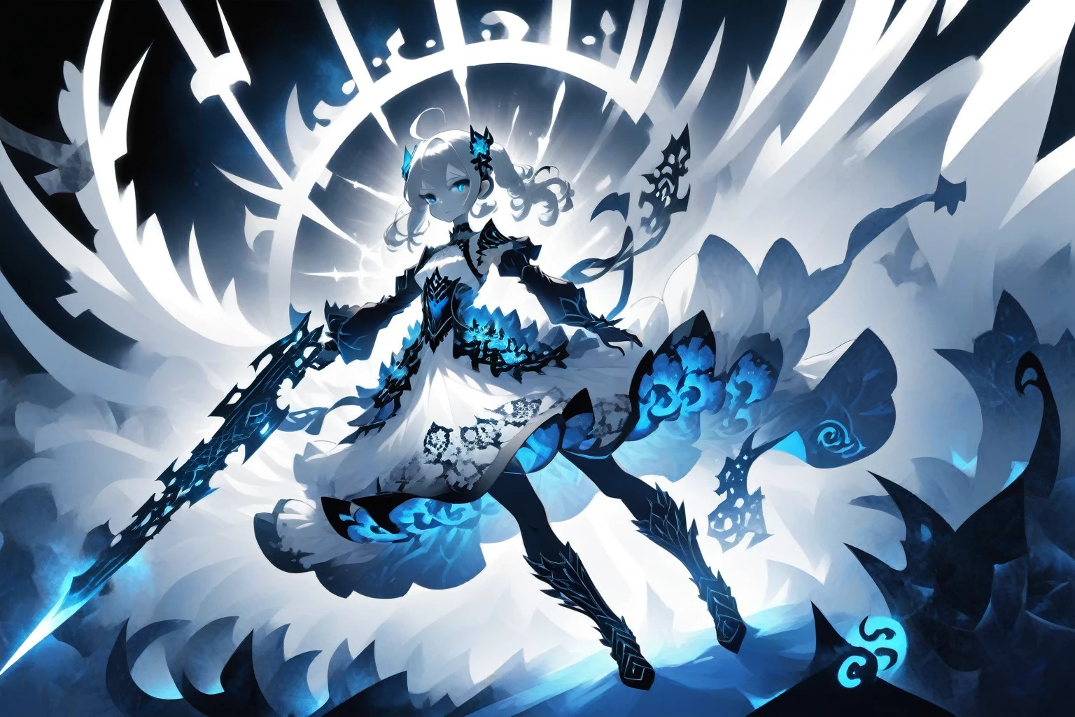 One girl, (Monochrome:1.4), Blue Theme, whole body, fractal, dress, Have a weapon