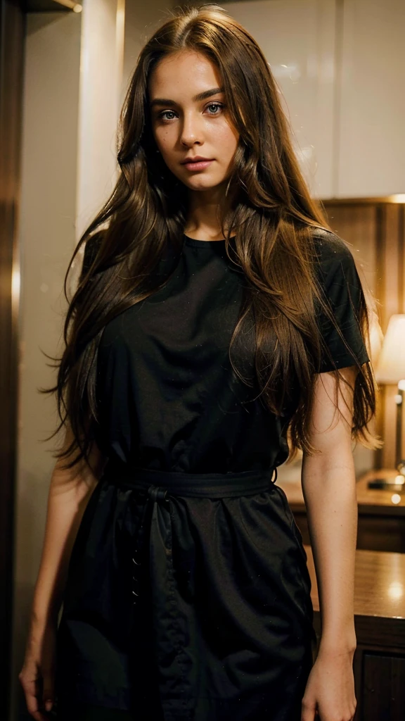 A young woman stands before you, her eyes shining with intelligence and curiosity. Her face is framed by flowing locks of golden hair, falling gently around her shoulders. She is dressed simply, but her beauty is undeniable. She stands at a moderate height, with a slim yet athletic build, giving her an air of both strength and grace. Her features are soft and gentle, yet there is a sharpness to her gaze that speaks of her quick mind and sharp wit."