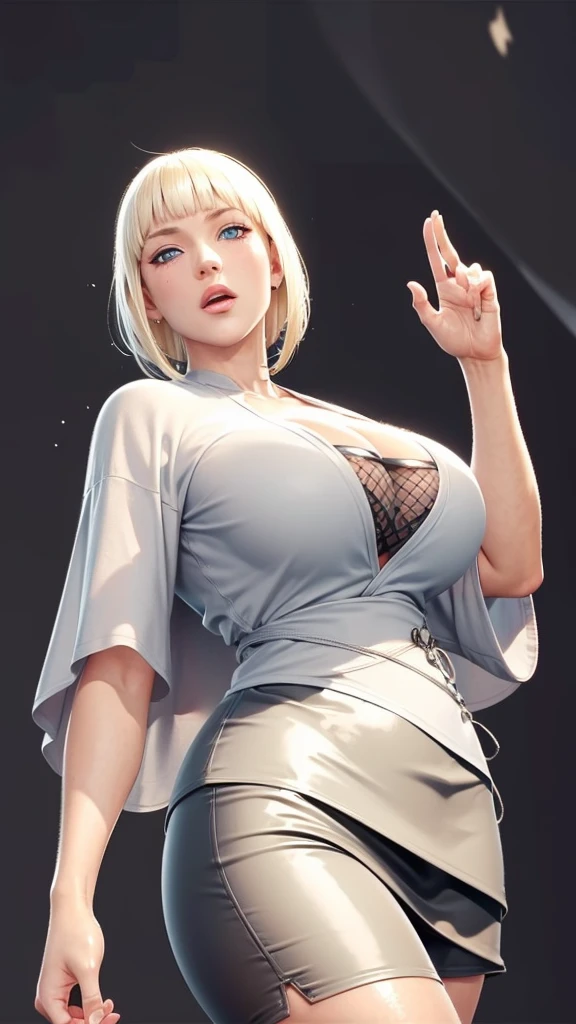 (（（Perfect body,White and tender skin,（（（BLACK KIMONO, CLEAVAGE, VAMBRACES,）））,（（（Samui, Blue eyes, blonde hair, short hair, bangs, blunt bangs,）））,((masterpiece)),high resolution, ((Best quality at best)),masterpiece,quality,Best quality,（（（ Exquisite facial features,Looking at the audience,There is light in the eyes,blush,Happy,lol）））,Look up at the sky，Raise a hand，From below）））,（（（Light and shadow,Huge breasts）））,（（（Looking at the camera,black background,)））),