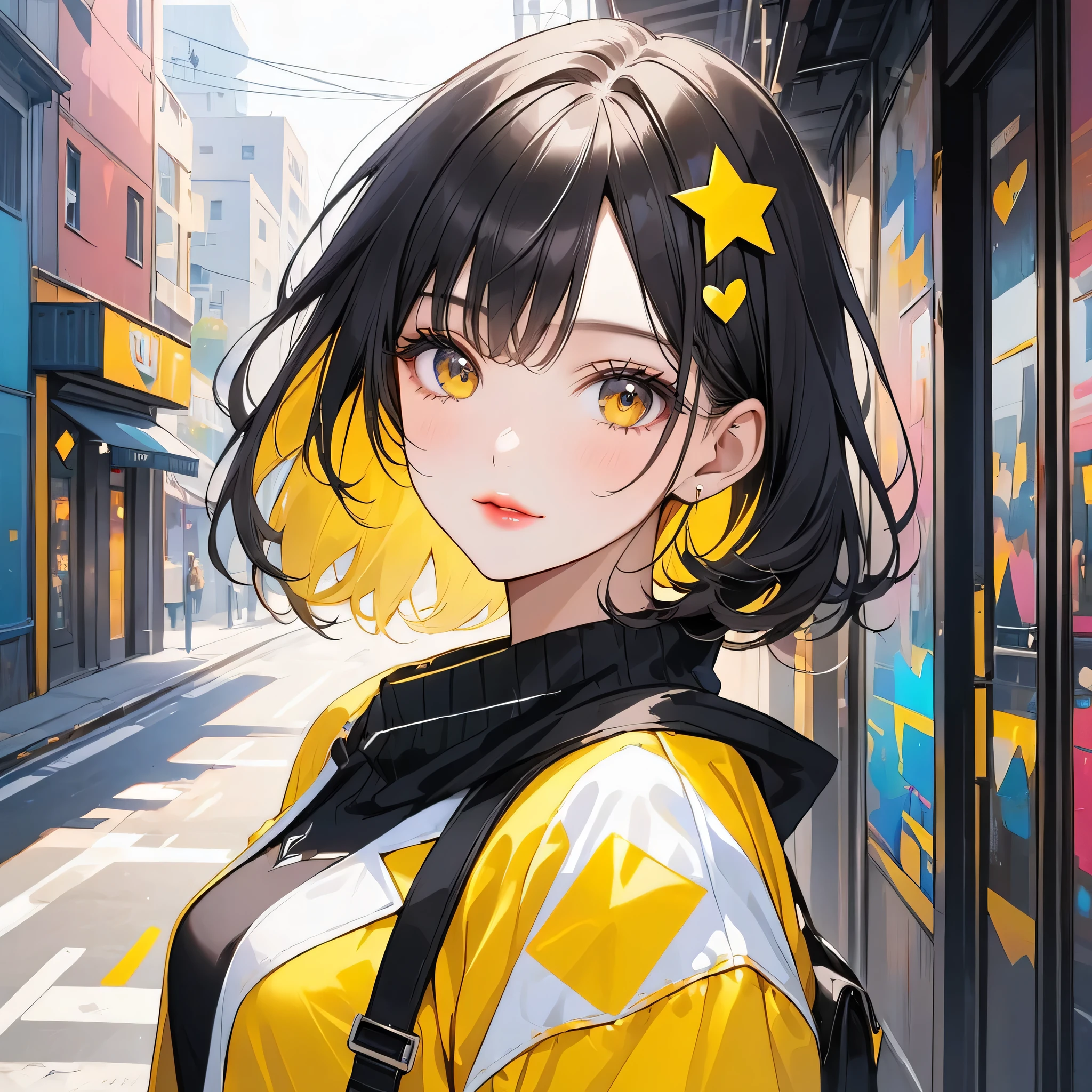 Black Star Yellow and White style, Simple Line Initialism，Abstract art，Urban Background, (((The most beautiful girl of all time))), Sweet face. Lips in love, colorful hearts, stylish design