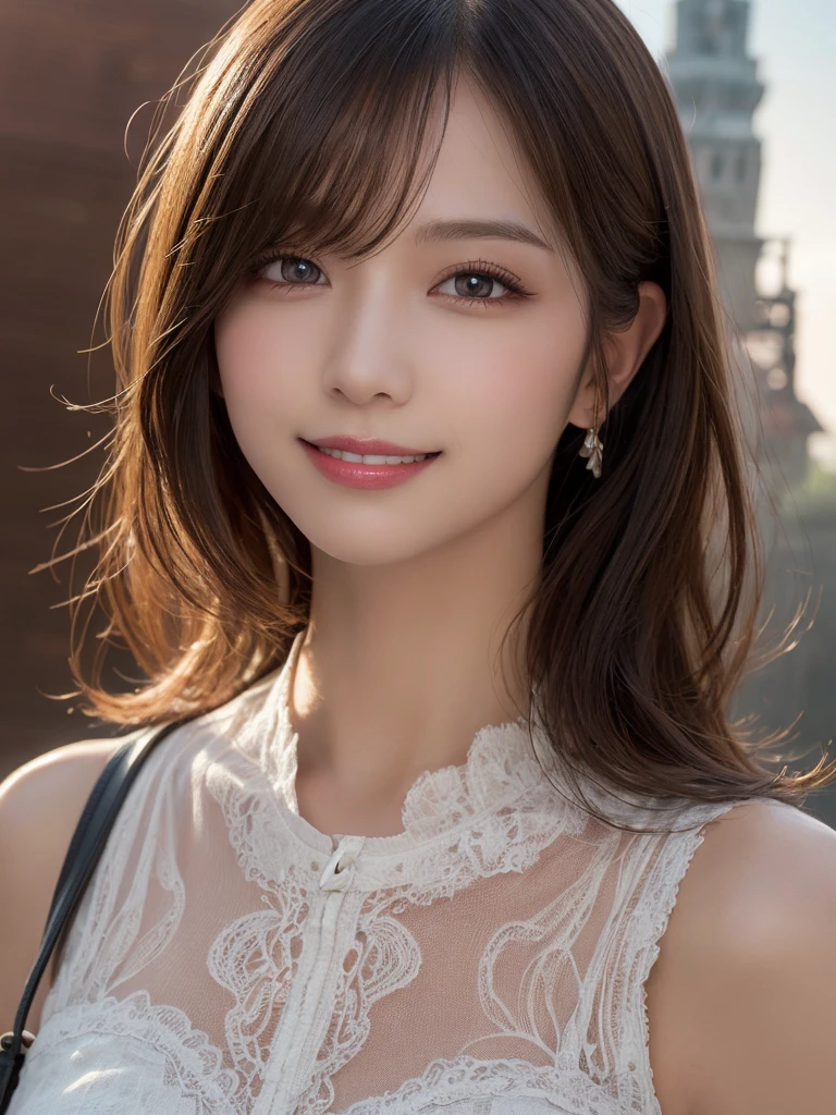 masutepiece, Best Quality, Illustration, Ultra-detailed, finely detail, hight resolution, 8K Wallpaper, Perfect dynamic composition, Beautiful detailed eyes, doress,Medium Hair, mid-chest, Natural Color Lip, Random and sexy poses,Smile,Tower Mansion