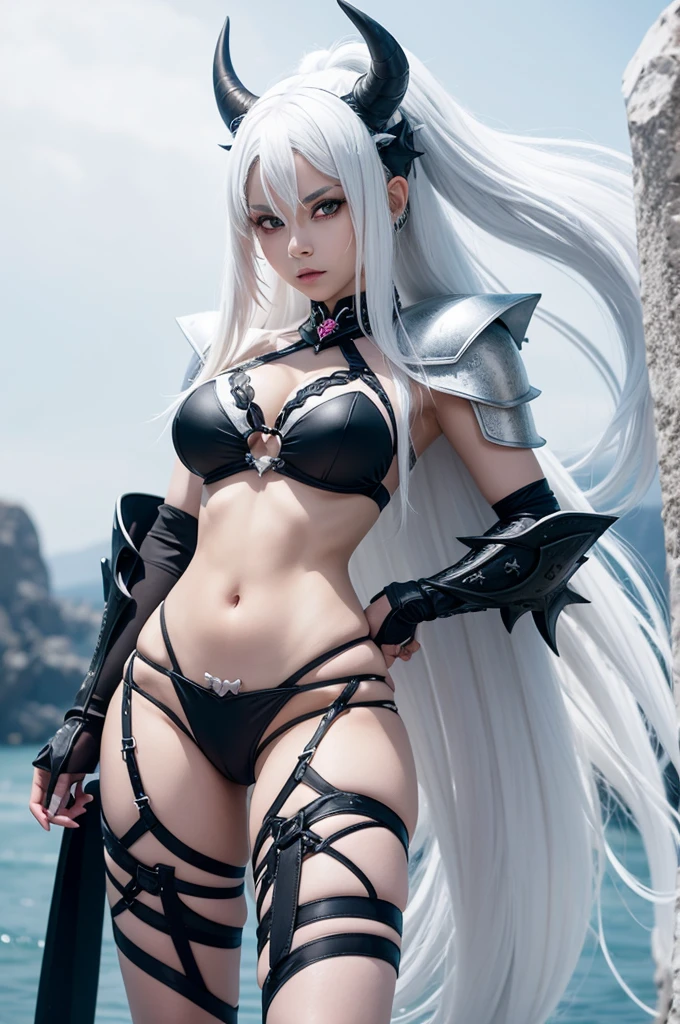 Black girl with white hair with horns in bikini c9m ax wearing bikini armor sitlo anime