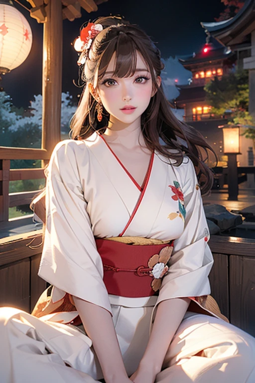 (Official Art、Highest quality、Unity 8k wallpaper、masterpiece、Ultra-high resolution)、Slender、Ample breasts、Highly detailed background、Beautiful girl in yukata、(Highly detailed face and eyes、Beautiful Face、Beautiful Eyes、Beautiful nose、Pretty lips)、Intimate Relationships、A friendly gaze、Japanese garden、Cowboy Shot、Sitting on the porch、moonlight、Autumn scenery、