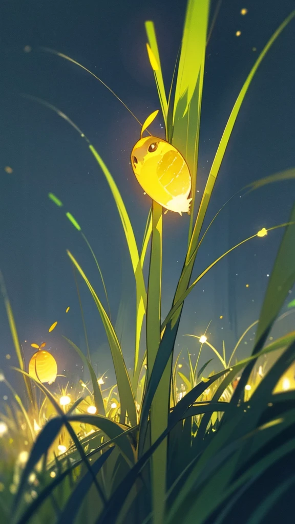 Create a photograph featuring a close-up view of fireflies glowing among grass blades against a dark, blue-toned background. The fireflies should emit a soft yellow-green light, and the overall scene should convey a sense of tranquility and natural beauty in the nighttime setting.

