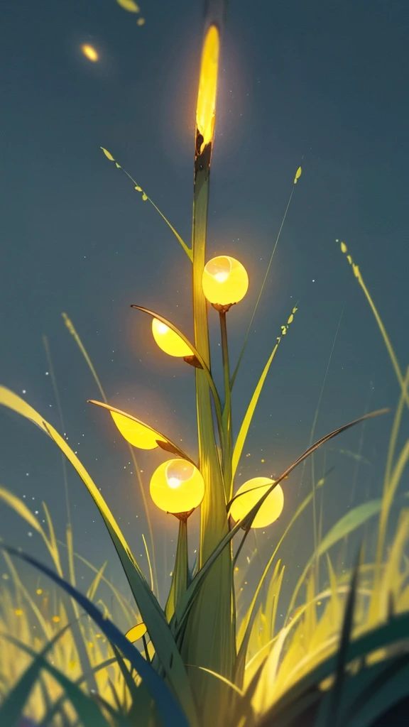 Create a photograph featuring a close-up view of fireflies glowing among grass blades against a dark, blue-toned background. The fireflies should emit a soft yellow-green light, and the overall scene should convey a sense of tranquility and natural beauty in the nighttime setting.