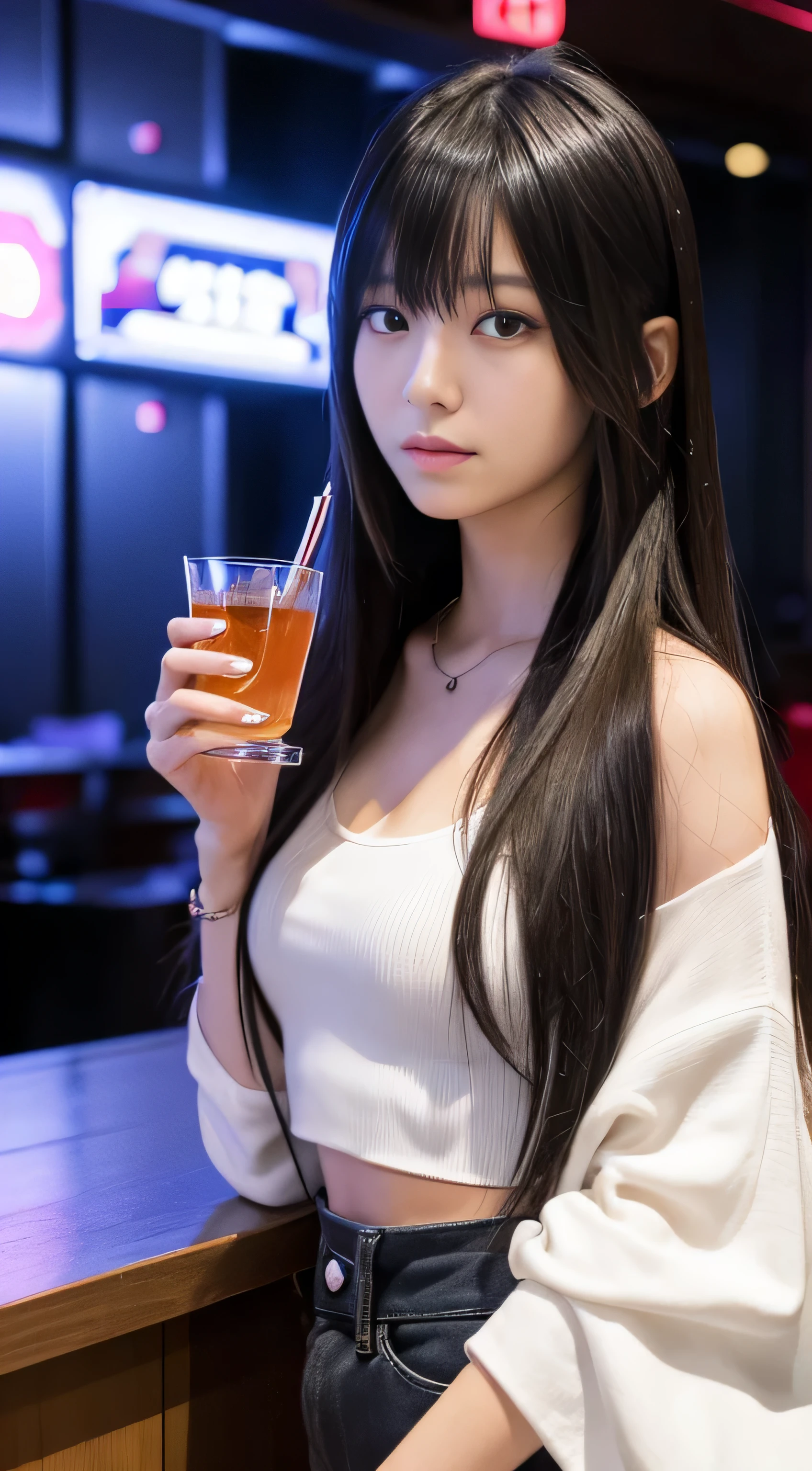 Create an ultra-realistic image of a 21-year-old Japanese woman named Kotone enjoying a drink at a stylish bar. She has extremely long, perfectly straight black hair that flows down to her waist, with blunt bangs that cover her forehead. Her eyes are l