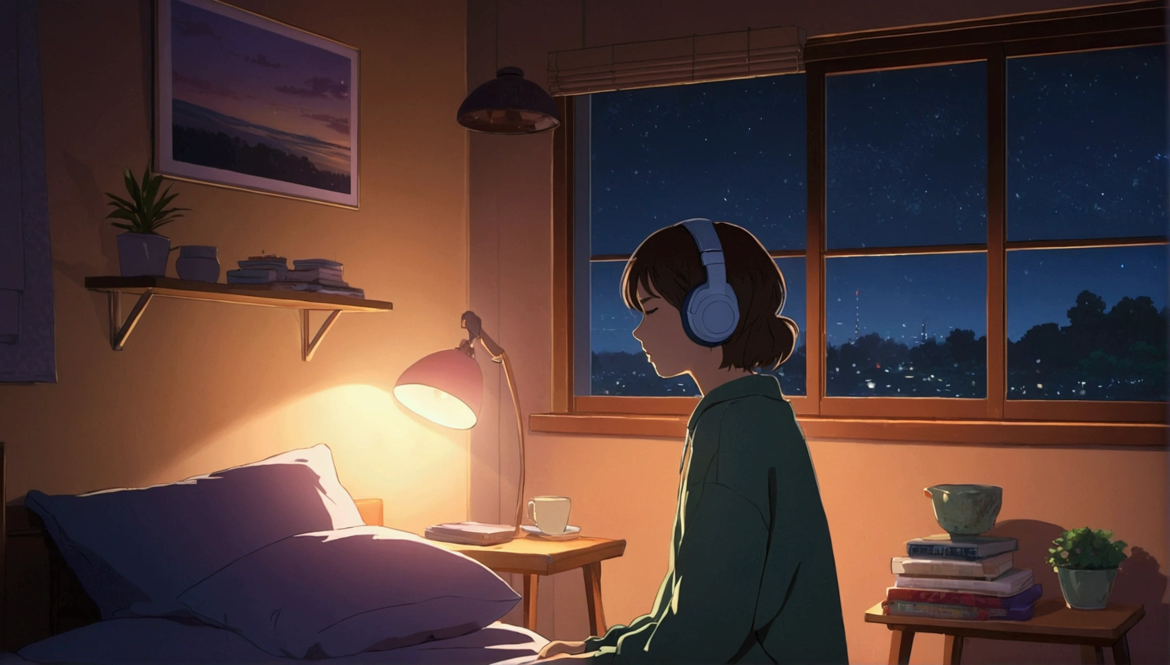 night、Girl listening to music in a cozy room, Using headphones, 2D-style animation, Lo-Fi, High resolution, Dark Environment、Makoto Shinkai style