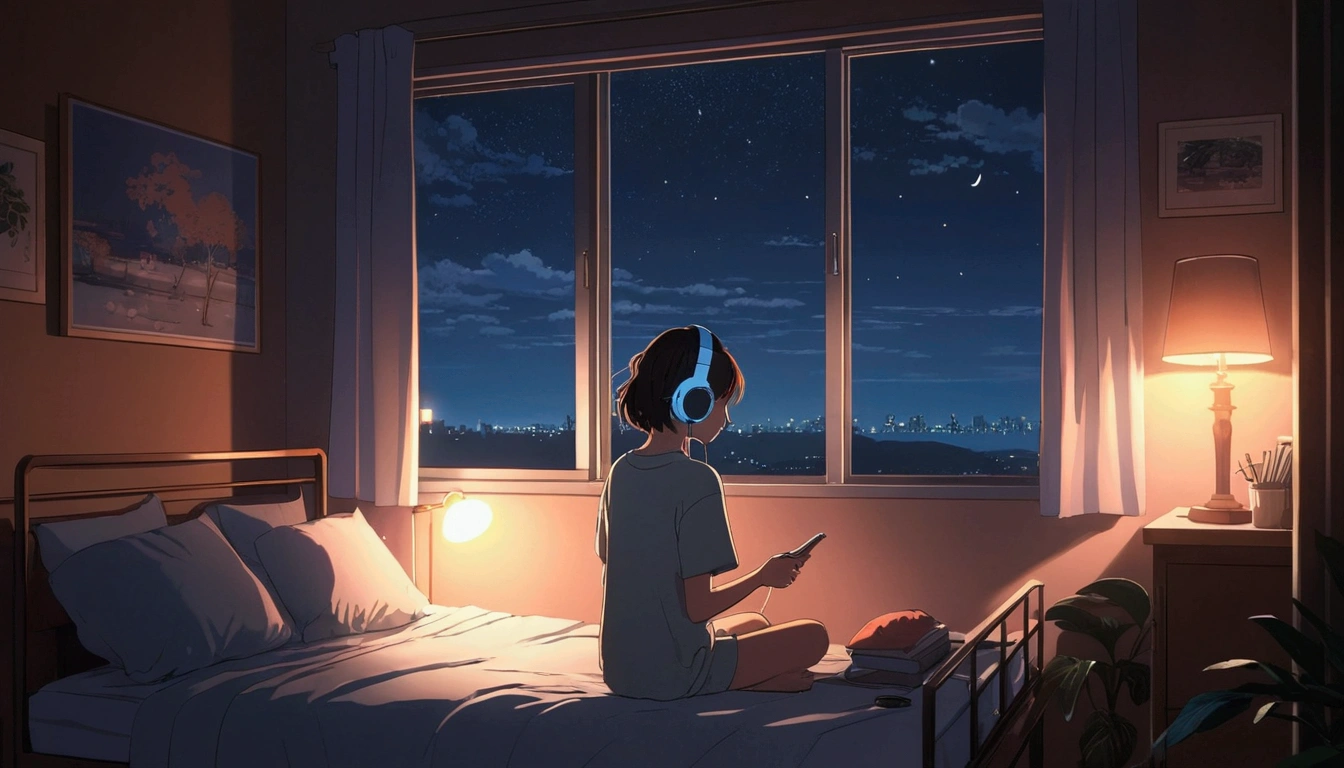 night、Girl listening to music in a cozy room, Using headphones, 2D-style animation, Lo-Fi, High resolution, Dark Environment、Makoto Shinkai style