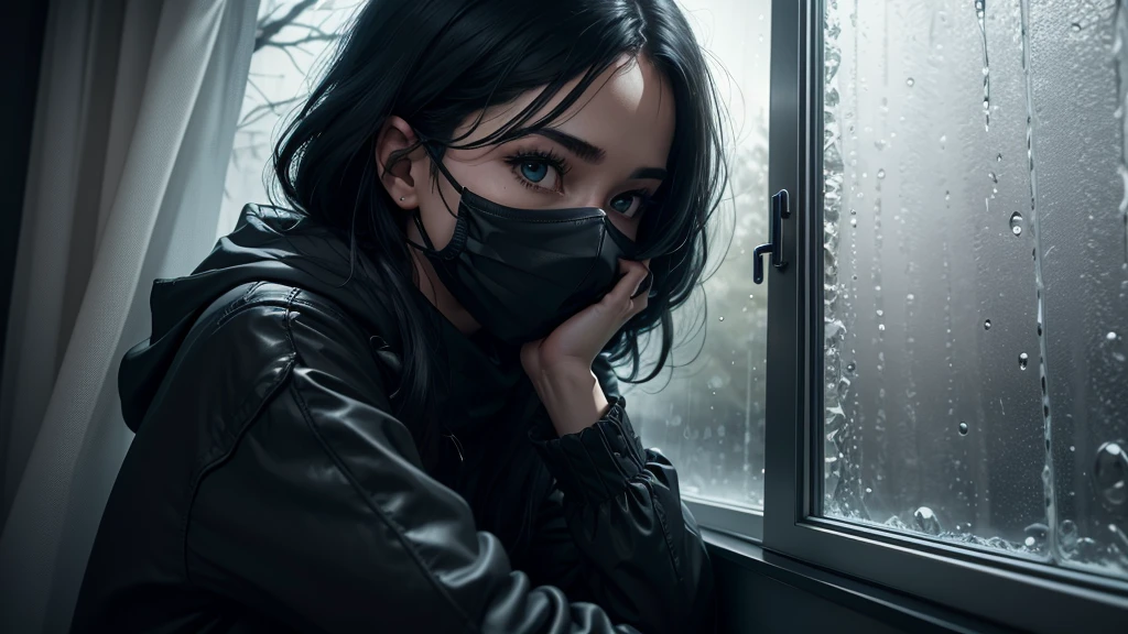 UHD, 4k, ultra detailed, cinematic, a photograph of a woman is looking out a window at the rain,1boy,sitting,indoors,tree,window,dark,bare tree,horror (theme) , vantablack style, super-black coating style, dark coating style epic, beautiful lighting, inpsiringskull mask, face mask,