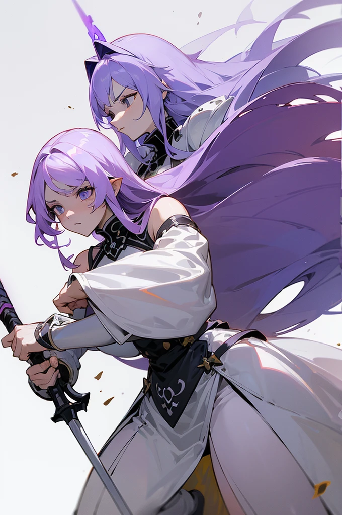 (Beautiful woman，Royal Knights)，Light purple hair、Long Hair、Portrait of a noble knight，Speed Line，Combat Stance，Wield a huge weapon，Expressionless，Faint-hearted face、the below described，magma，Big Scythe、Stocky body、Shoulders out、White background、Fullbody、White clothes、Human ear
