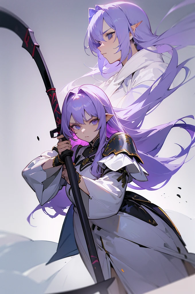 (Beautiful woman,Royal Knights),Light purple hair、Long Hair、Portrait of a noble knight,Speed Line,Combat Stance,Wield a huge weapon,Expressionless,Faint-hearted face、the below described,magma,Big Scythe、Stocky body、Shoulders out、White background、Fullbody、White clothes、Human ear