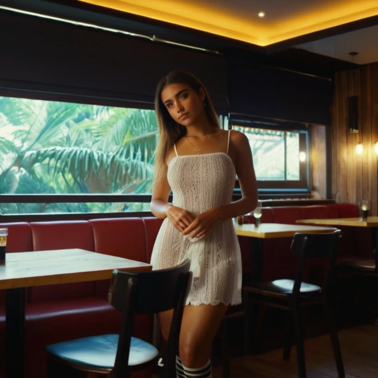 gorgeous young Brazilian women, in restaurant, wearing dress and long socks, full body, beautiful face, masterpiece, best quality, ultra-detailed, solo, shadow, contrast, cinematic lighting, side lighting, ultra high resolution , best shadow, RAW, 4k, 85mm, shallow depth field, kodak vision color, extreme detail, cinematographer_\(ultra\), photorealistic, realistic, post-process, maximum detail, view, real life, ultra realistic, photorealism, cinematographer, 8k UHD, cinematographer