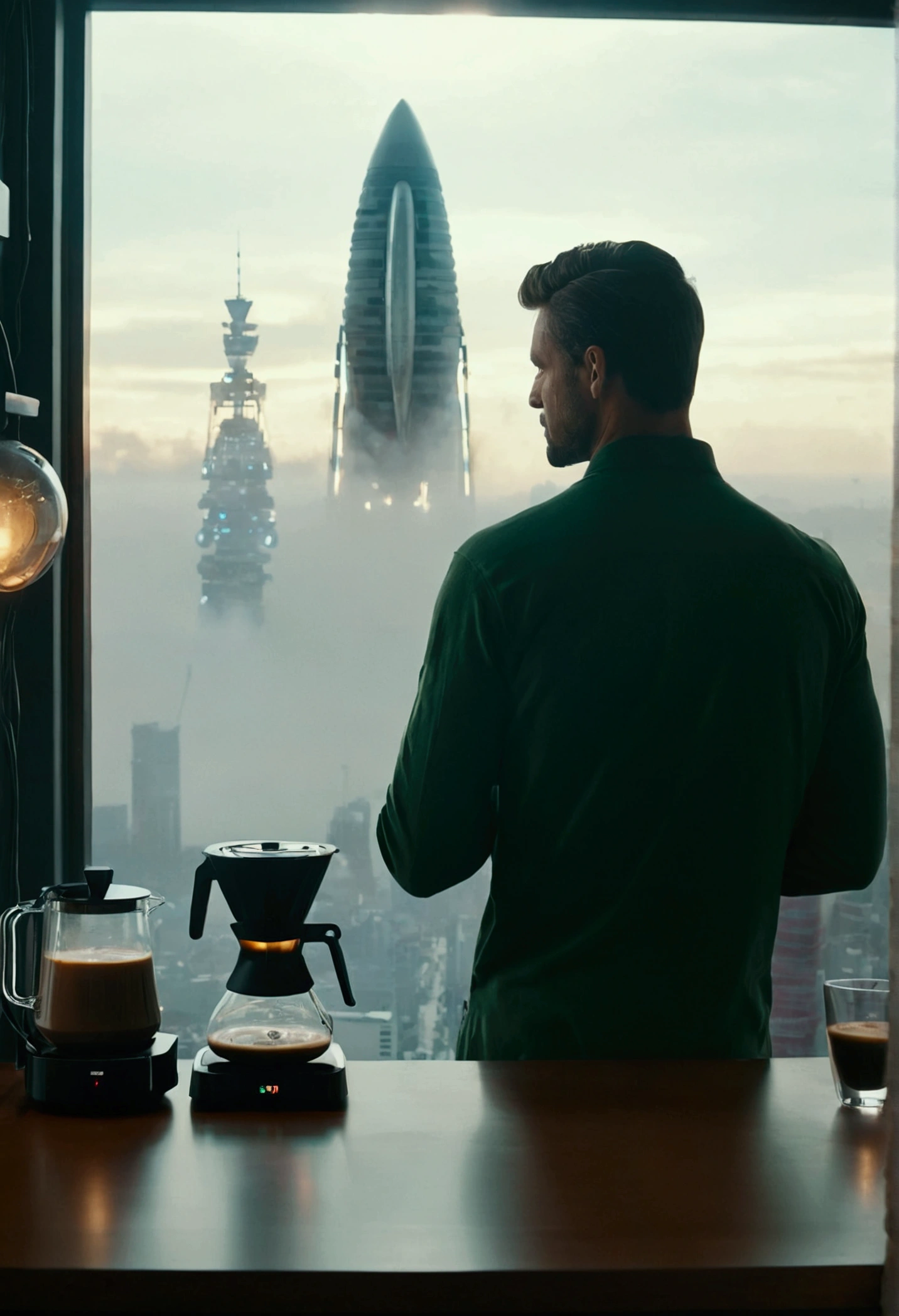 Brewing coffee, Man looking out of the glass in his room City in 2045 FOG, Zoom out, Spaceship, New World, Color Grading, Espresso machine on the table,