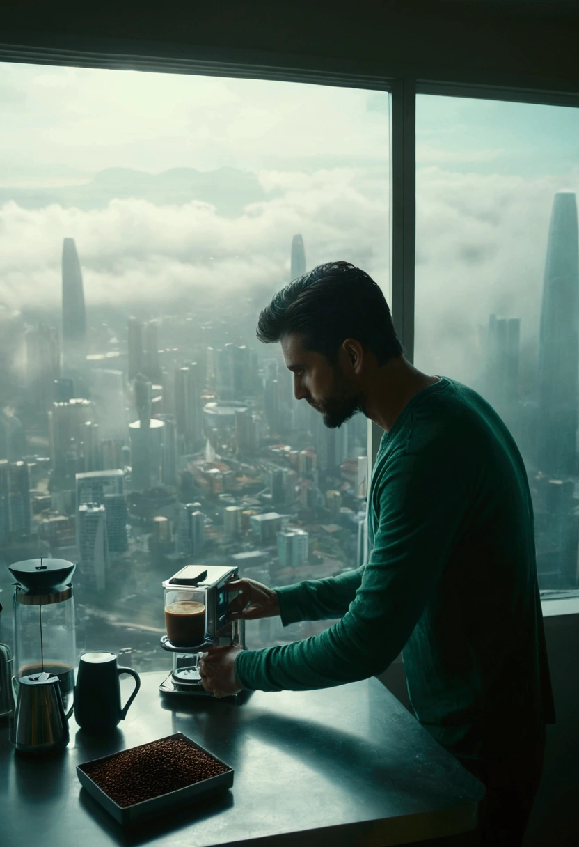 Brewing coffee, Man looking out of the glass in his room City in 2045 FOG, Zoom out, Spaceship, New World, Color Grading, Espresso machine on the table,