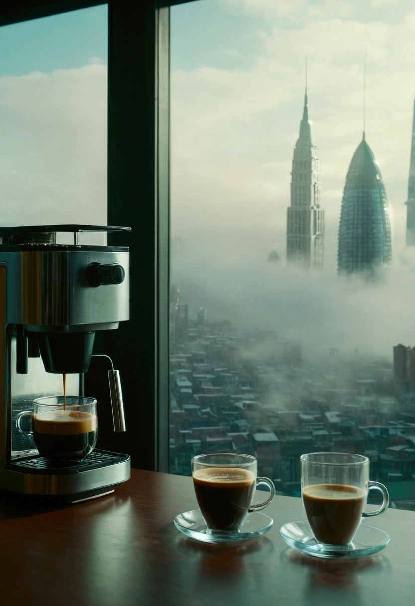Brewing coffee, Man looking out of the glass in his room City in 2045 FOG, Zoom out, Spaceship, New World, Color Grading, Espresso machine on the table,