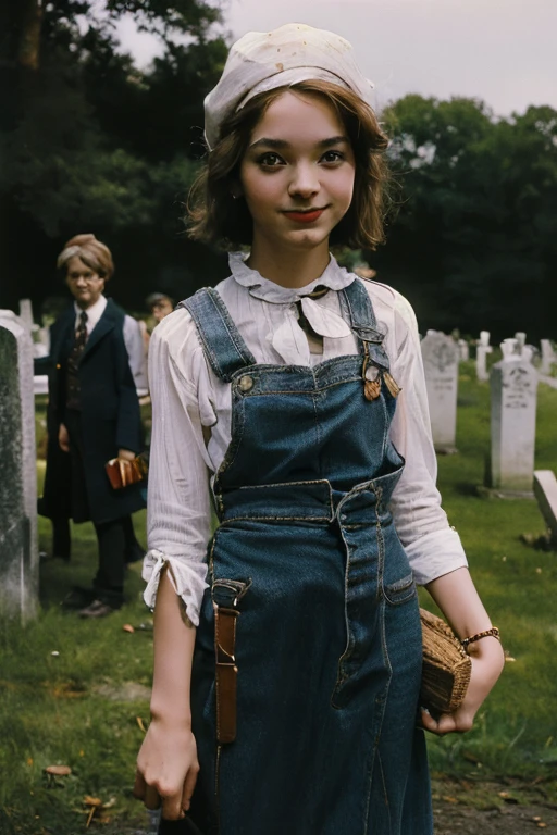 Young beautiful girl, Emma Myers, American, SOFT SMILING FACE, HAVE A BROWN HAIR, wears a old work cap, wears old-fashioned clothes, 19th century, poverty-stricken clothes, old torn clothes, 19th century period clothing, holding a bouquet, standing before her grandparents' tombstones, cemetery background, dark cities background, night time, midnight background.