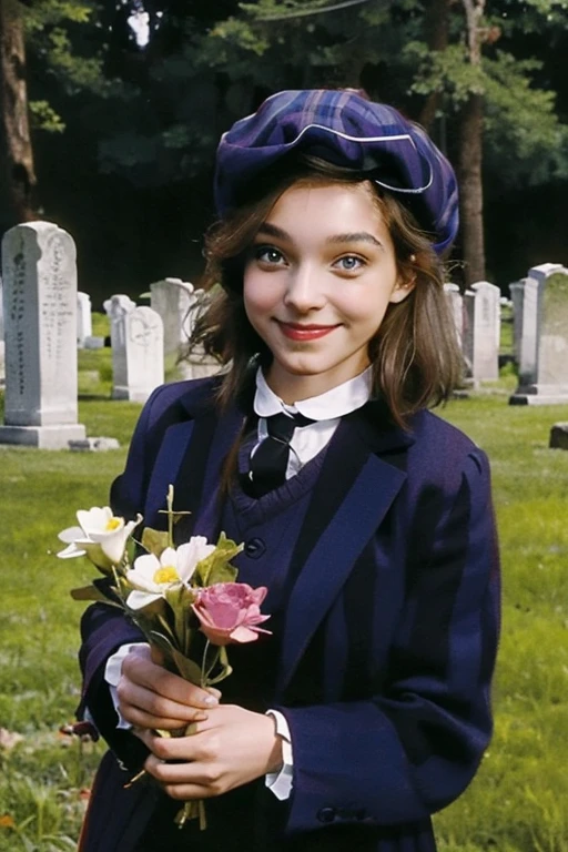 Young beautiful girl, Emma Myers, American, SOFT SMILING FACE, HAVE A BROWN HAIR, wears a old work cap, wears old-fashioned clothes, 19th century, poverty-stricken clothes, old torn clothes, 19th century period clothing, holding a bouquet, standing before her grandparents' tombstones, cemetery background, dark cities background, night time, midnight background.