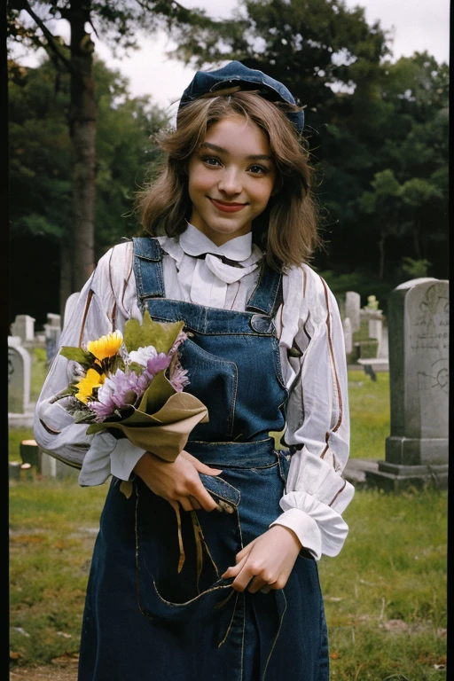 Young beautiful girl, Emma Myers, American, SOFT SMILING FACE, HAVE A BROWN HAIR, wears a old work cap, wears old-fashioned clothes, 19th century, poverty-stricken clothes, old torn clothes, 19th century period clothing, holding a bouquet, standing before her grandparents' tombstones, cemetery background, dark cities background, night time, midnight background.