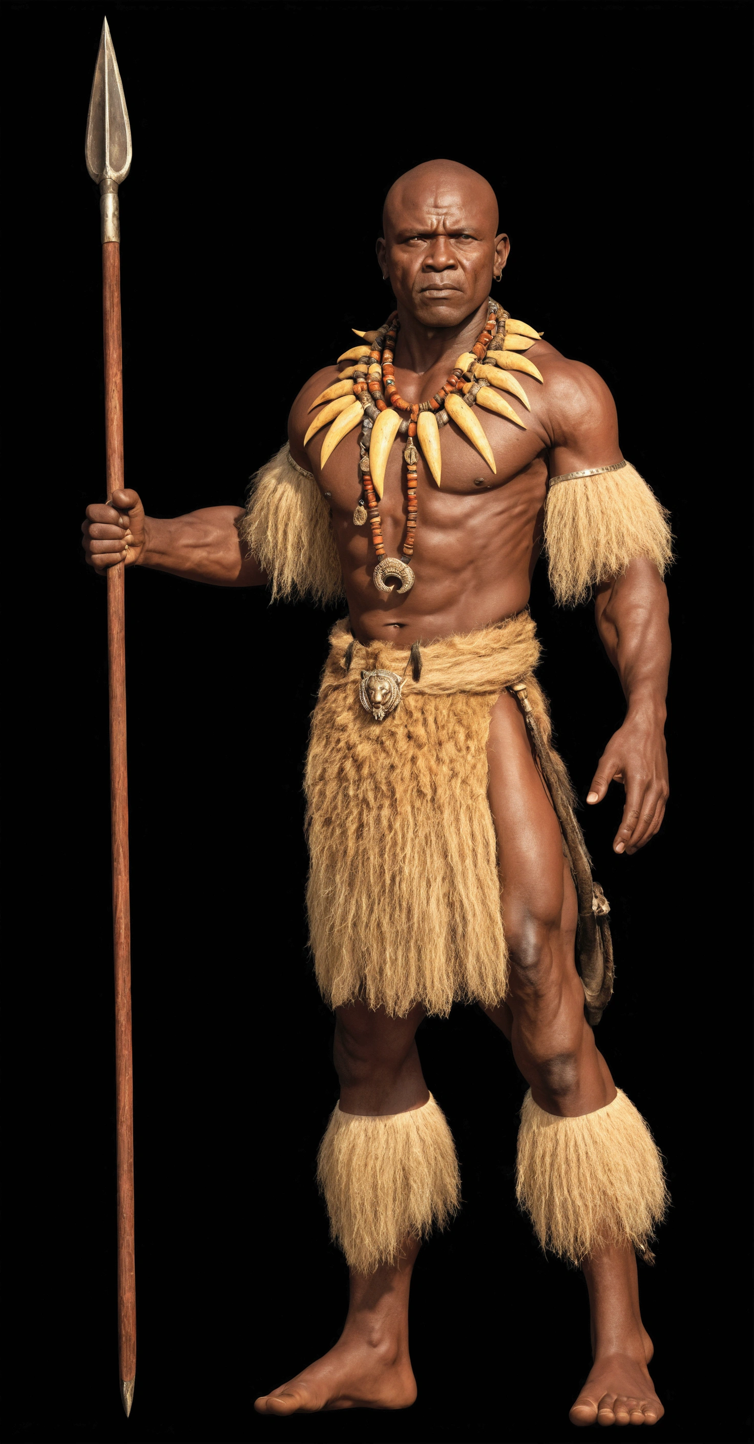 African man with spear and lion claw necklace, zulu tribal warrior: ultra realistic and detailed image