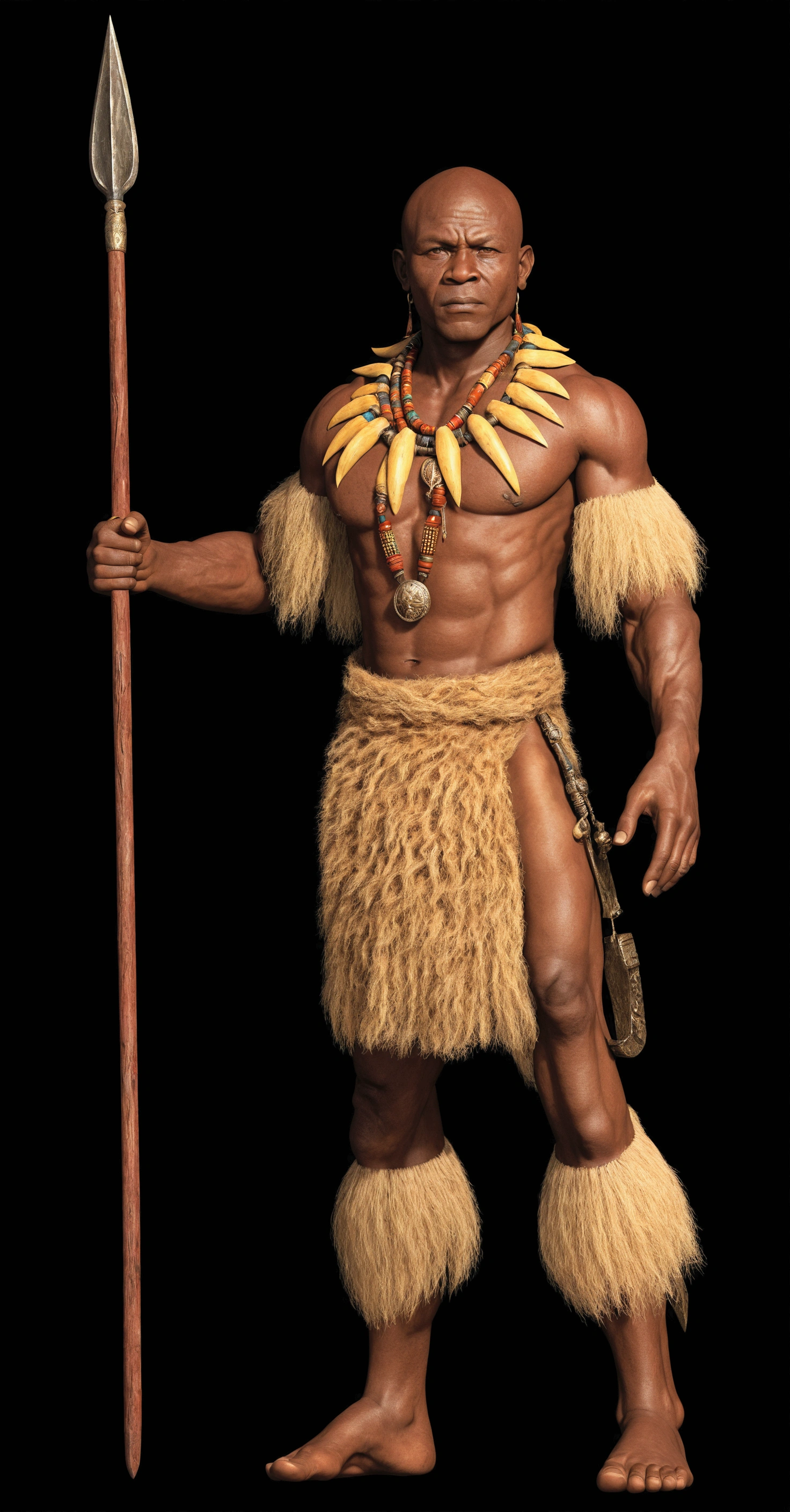 African man with spear and lion claw necklace, zulu tribal warrior: ultra realistic and detailed image