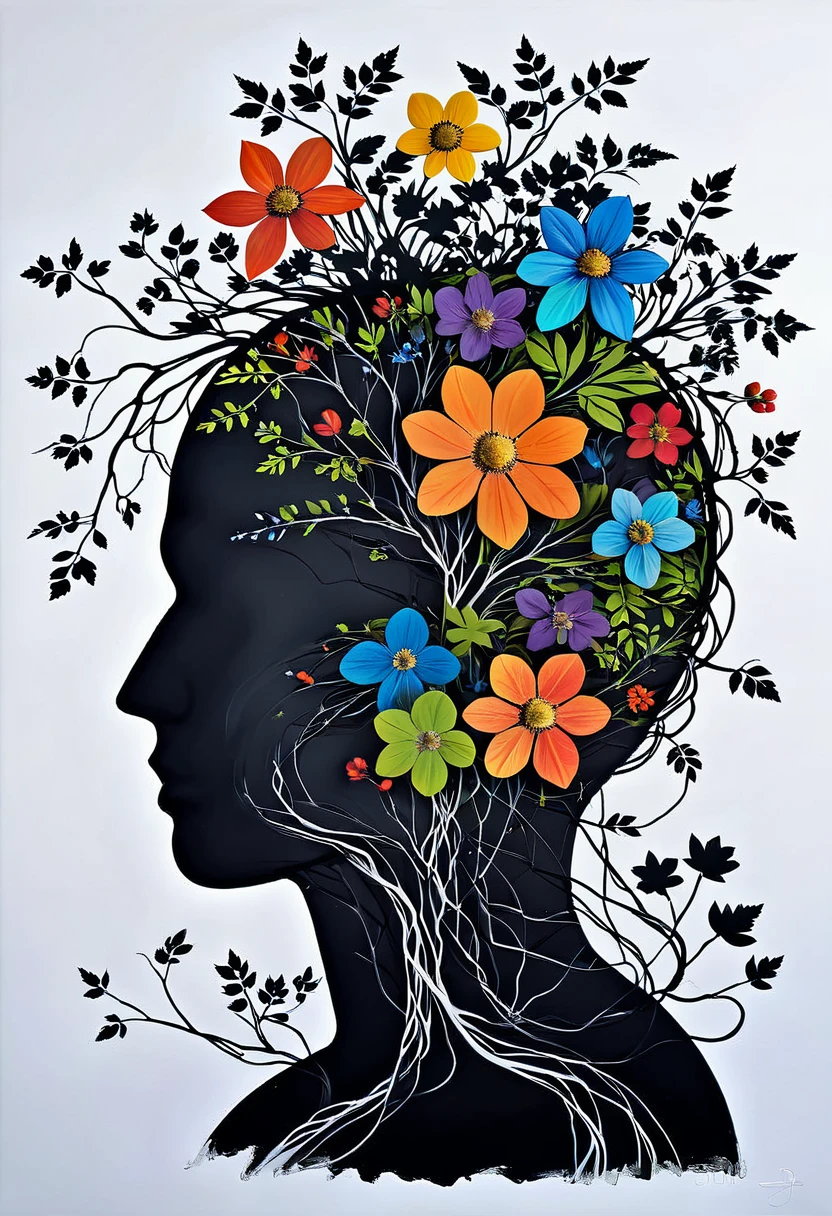 a silhouette of the outline of the brain blooming with vines and flowers by (tim burton:1.002) , rich detail, floral brain, vegetation, leave and blossoms, anatomy, vibrant, acrylc painting, wide brush strokes, colorful, (miyazaki style:0.7), colourful, autumn colors. positive vibes. (erin hansen style:1.2),((bw:-1.5), fair skin:1.3, bones:-1