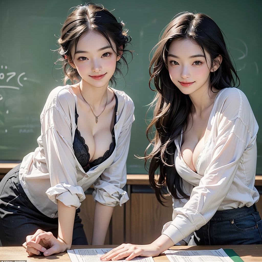 Illustrations that look like they would appear in a textbook, ((Features a blackboard with mathematical formulas drawn on it, female teacher instructs students, have a pointer stick、Smiling warmly))
(((Bra is visible)))
((((Emphasize cleavage))))