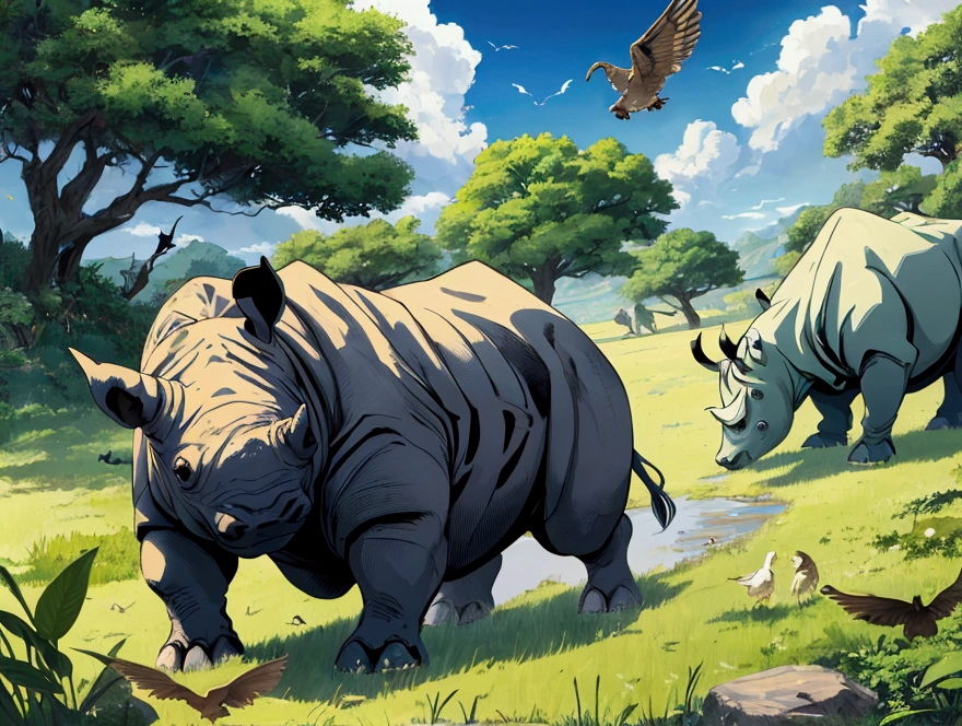 (illustration, best quality, masterpiece, official art:1.1)anime style, rhino, grass floor, birds in sky, blue sky, landscape, focus and zoom on rhino