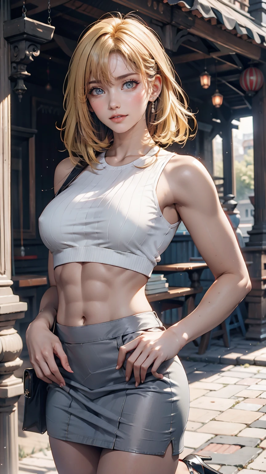 24-year-old woman、Blonde((blonde hair))、Hair in the eyes((hair over eyes))、Hair that hides one eye((hair over one eye))、Cropped tops((crop top))Tops、Slim Abs: 1.2、Hipbone Skirt((hipbone skirt))、Stiletto heels、Clutch bags、Put one hand on your hip、Cowboy Shot