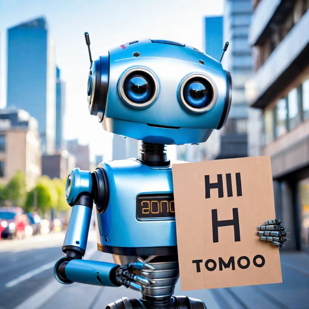 A charming hyperrealistic illustration of a robot with a friendly, human-like face. It's holding a cardboard sign that says 'Hi Tommo' The robot has a sleek, metallic exterior with a hint of wear and tear, and its eyes are a warm, inviting shade of blue. The background showcases a city skyline, with a mix of futuristic and vintage architecture. A sense of whimsy and curiosity fills the scene.