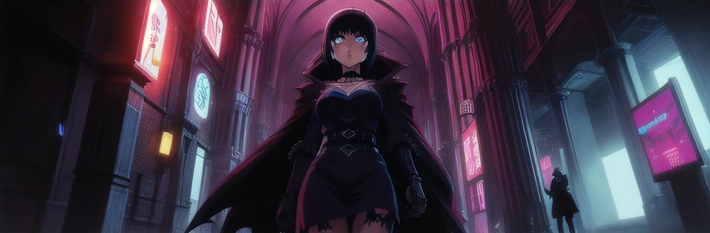 Generate a stunning (gothic architecture,  cyberpunk,  retro anime style:1.5),  a true [masterpiece] [best quality] of art.  [focus, solo, 1girl, ()dark skin:1.5, highly detailed gohtic dress, belt, walking]. Background in  [grand scale:1.5, panorama:1.5]. The image showcases [detailed linework], [dynamic shading], and [dramatic lighting], bringing to life a [dreading atmosphere, grim dark coloures].