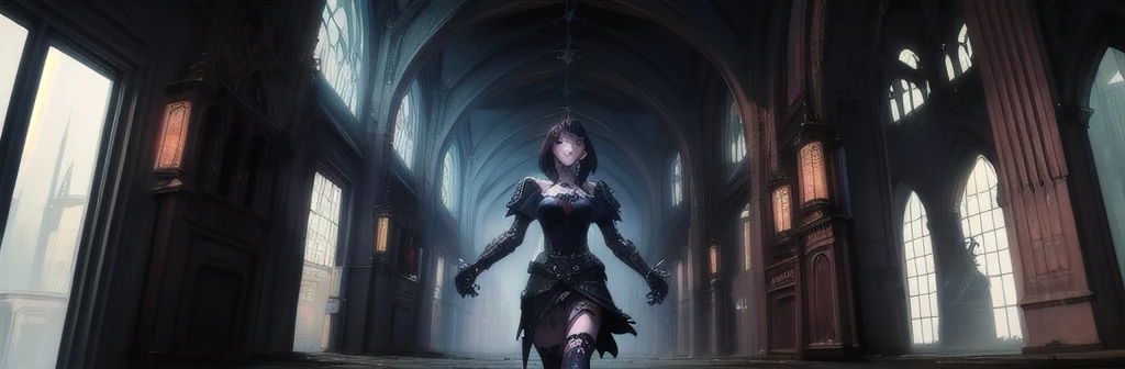 Generate a stunning (gothic architecture,  cyberpunk,  retro anime style:1.5),  a true [masterpiece] [best quality] of art.  [focus, solo, 1girl, ()dark skin:1.5, highly detailed gohtic dress, belt, walking]. Background in  [grand scale:1.5, panorama:1.5]. The image showcases [detailed linework], [dynamic shading], and [dramatic lighting], bringing to life a [dreading atmosphere, grim dark coloures].