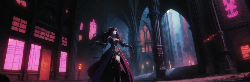 Generate a stunning (gothic architecture,  cyberpunk,  retro anime style:1.5),  a true [masterpiece] [best quality] of art.  [focus, solo, 1girl, ()dark skin:1.5, highly detailed gohtic dress, belt, walking]. Background in  [grand scale:1.5, panorama:1.5]. The image showcases [detailed linework], [dynamic shading], and [dramatic lighting], bringing to life a [dreading atmosphere, grim dark coloures].