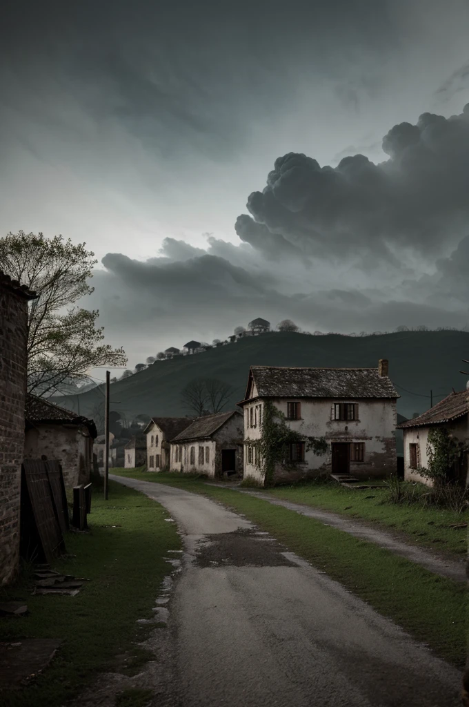 A quiet village with a dark and eerie atmosphere. In the distance, an old, dilapidated fort stands ominously.