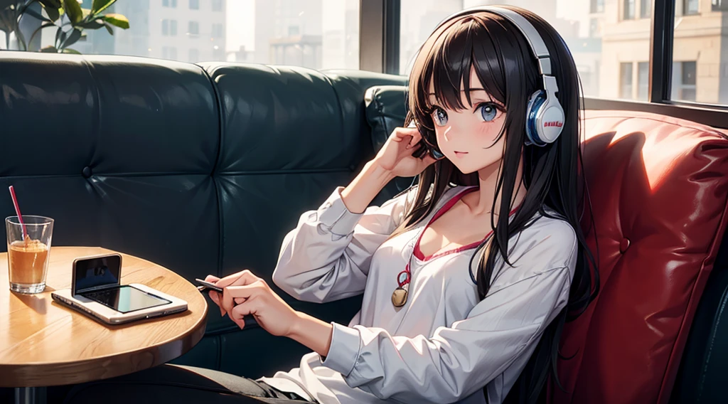 Girl with headphones enjoying music in a cafe I am studying Emphasize a little bit of the chest